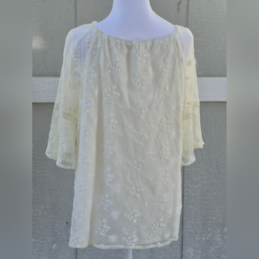 WESTPORT  Women's Blouse Floral Lace Peasant Top Bell Sleeves Cream Boho Size L - Picture 3 of 11